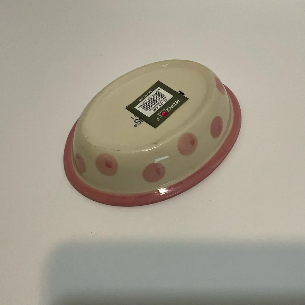 PetRageous Designs Pink POLKA PAWS Oval Pet Food Stoneware Bowl Dish Cat…